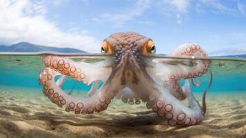 ai gegenereerd Octopus met ogen tweemaal net zo groot, versierd in regenboog kleuren Aan beide kanten, ai gegenereerd. foto