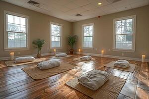 ai gegenereerd vredig yoga studio met natuurlijk hout vloeren en rustgevend kleuren foto