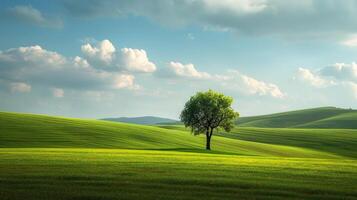 ai gegenereerd eenzaam boom staat temidden van enorm groen veld, ai gegenereerd. foto