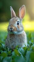ai gegenereerd een schattig weinig konijn spelen gelukkig Aan de gazon foto