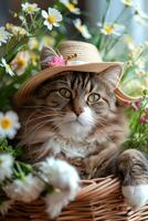 ai gegenereerd schattig pluizig kat in hoed met vers voorjaar bloemen foto