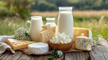 ai gegenereerd melk en meerdere types van kaas en huisje kaas Aan een houten tafel Aan een boerderij tegen een veld, zuivel boerderij producten foto