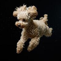 ai gegenereerd poedel hond jumping over- donker achtergrond foto