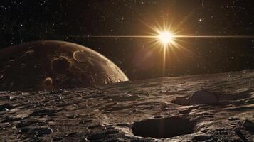 ai gegenereerd visie van de maan van een buitenaards wezen planeet gedurende een zonsopkomst foto