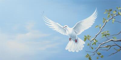 ai gegenereerd wit duif in de lucht met Vleugels breed Open tegen de lucht. een symbool van vrede foto