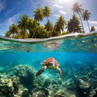 ai gegenereerd fotorealistisch afbeelding van een tropisch eiland en zee wereld. visie van de water foto