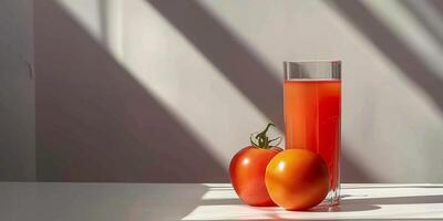 ai gegenereerd glas van tomaat sap met vers tomaten foto