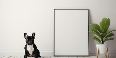 ai gegenereerd model, een afbeelding in een kader staat Aan de vloer, tegen de achtergrond van een wit muur De volgende naar een schattig Frans bulldog hond. minimalistische interieur foto