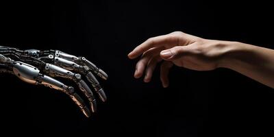 ai gegenereerd technologisch voortgang, kunstmatig intelligentie. menselijk hand- en robot hand. foto