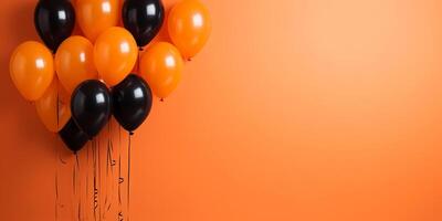 ai gegenereerd feestelijk achtergrond met zwart en oranje ballonnen. halloween herfst partij ballonnen achtergrond foto