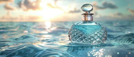 ai gegenereerd luxe glas parfum fles met zee water Aan leeg achtergrond in blauw oceaan thema net zo breed banier met kopiëren ruimte Oppervlakte foto