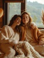 ai gegenereerd gelukkig lesbienne paar in knus perzik kleur outfits genieten van een TV serie in een ontspannen leven kamer foto