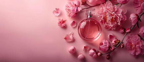 ai gegenereerd modern glas parfum fles met pioen bloemen Aan leeg pale roze achtergrond thema een breed banier met kopiëren ruimte Oppervlakte foto