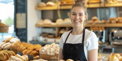 ai gegenereerd een blij en glimlachen jong vrouw loopt een bakkerij. foto