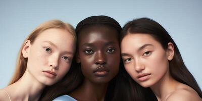 ai gegenereerd portret van mooi meisjes van verschillend nationaliteiten Afrikaanse, aziatisch, Europese modellen foto