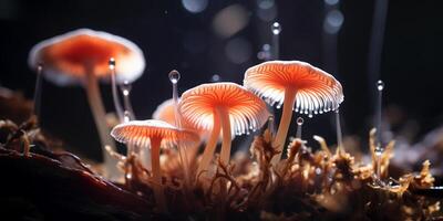 ai gegenereerd detailopname beeld van een groep van champignons. nat nacht Woud foto