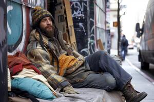ai gegenereerd een dakloos Mens Aan een stad straat. een eenzaam dakloos Mens foto