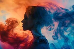 ai gegenereerd een vrouw met haar hoofd omringd door kleurrijk rook. creatief concept. foto
