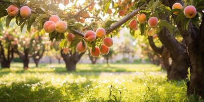 ai gegenereerd rijp zoet perziken groeit Aan een perzik boom in de tuin. detailopname van perziken en perzik bomen in zonlicht foto