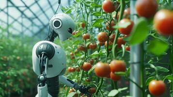 ai gegenereerd een robot groeit tomaten in een serre. foto