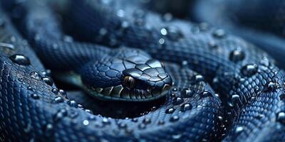 ai gegenereerd dichtbij omhoog beeld van een donker blauw adder met water druppels foto