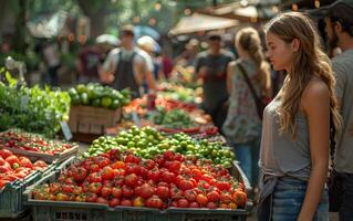 ai gegenereerd jong vrouw kiest tomaten en andere groenten Aan de markt foto