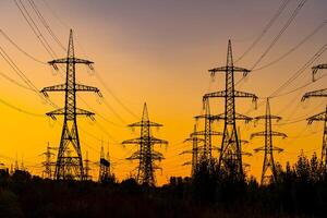 macht pylonen Aan zonsondergang tijd achtergrond. elektriciteit pylonen en hoog voltage macht lijnen Aan de hoog bomen silhouetten. foto