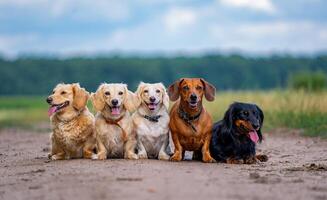 huiselijk dieren. vijf honden zijn zittend in lijn Aan grond en op zoek Bij de camera. verschillend rassen wandelen buiten. voorraad foto