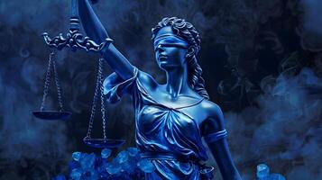 ai gegenereerd saffier balans van gerechtigheid een blauw standbeelden stoïcijns omhelzing van onbalans foto