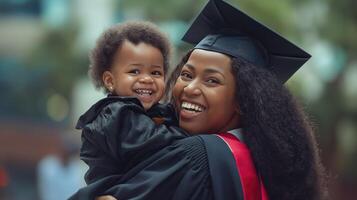 ai gegenereerd gelukkig Afrikaanse Amerikaans moeder en dochter in diploma uitreiking pet Aan groen achtergrond. moeder dag foto