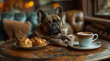 ai gegenereerd Frans bulldog met een kop van koffie en koekjes in een cafe foto