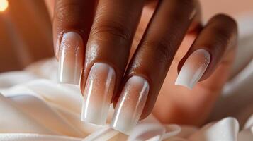 ai gegenereerd vrouw handen met wit nagel ontwerp. nagel Pools manicuren. foto