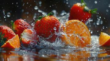 ai gegenereerd aardbeien en sinaasappels spatten in water, detailopname foto