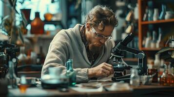 ai gegenereerd echt mannetje wetenschapper op zoek door microscoop terwijl werken in de laboratorium. foto