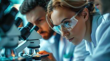 ai gegenereerd groep van wetenschappers werken in laboratorium. selectief focus Aan microscoop. foto