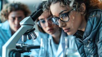 ai gegenereerd groep van wetenschappers werken in de laboratorium. selectief focus. wetenschap. foto