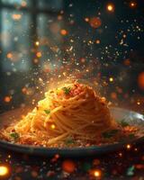 ai gegenereerd spaghetti met tomaat saus en specerijen Aan bord foto