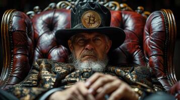 ai gegenereerd portret van een oud Mens met een baard en snor in een zwart hoed met bitcoin zittend in een leer fauteuil in een barok interieur. foto