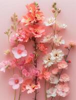ai gegenereerd bloemen samenstelling Aan pastel roze achtergrond. vlak leggen, top visie foto