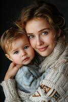 ai gegenereerd portret van een mooi jong moeder met haar dochter Aan een donker achtergrond foto