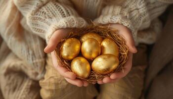 ai gegenereerd vrouw Holding gouden eieren in nest, detailopname. gelukkig Pasen viering foto