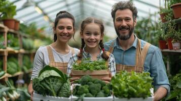 ai gegenereerd gelukkig moeder vader en kind draag- doos van groenten Aan landbouw bedrijf of voeding tuin foto