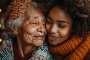 ai gegenereerd dichtbij omhoog portret van een schattig weinig meisje knuffelen haar grootmoeder Bij huis. moeder dag foto