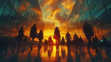 ai gegenereerd silhouet van bedrijf mensen wandelen in de stad Bij zonsondergang. foto