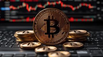 ai gegenereerd gouden bitcoin Aan de achtergrond van de toezicht houden op van de computer. cryptogeld. foto