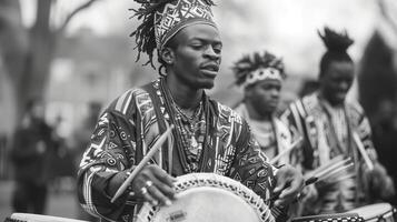 ai gegenereerd Afrikaanse drummers het uitvoeren van Bij een muziek- festival. zwart geschiedenis maand concept. foto