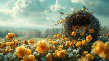 ai gegenereerd weinig vogel zittend Aan de nest met geel bloemen en blauw lucht achtergrond foto