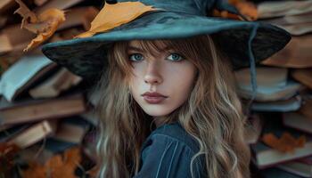 ai gegenereerd portret van een mooi meisje in een heks hoed tussen de boeken. foto
