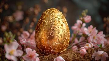 ai gegenereerd gouden Pasen ei met bloesem Afdeling Aan rustiek achtergrond. foto