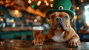 ai gegenereerd Frans bulldog in een groen elf van Ierse folklore hoed en een glas van bier in een kroeg. foto